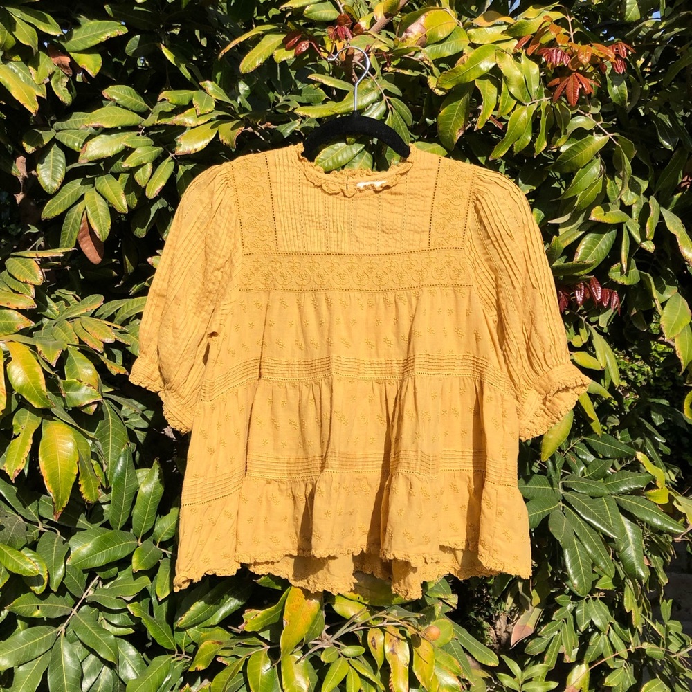 Doen Mustard Yellow Eyelet Peasant Blouse